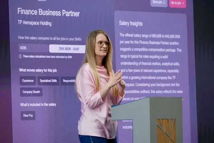 Sannah Brieghel presenting Skiftr at CBS AI Day